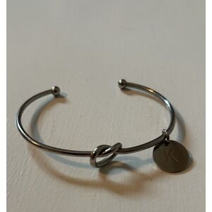 Knot Silvertone Wire Bangle Bracelet Adjustable with K Initial Dangle